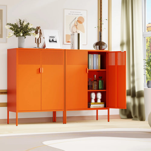Orange 3 Tier Metal Storage Cabinet with Legs, 2 Door Metal Locker for Home, Office, Entryway and Hallway