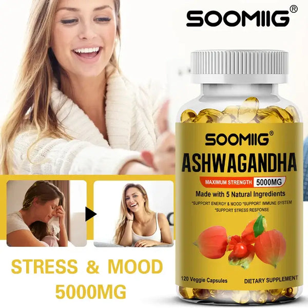 Soomiig Ashwagandha Extract bottle, 5000mg, supports energy, mood, immune health, stress response, 120 veggie capsules.