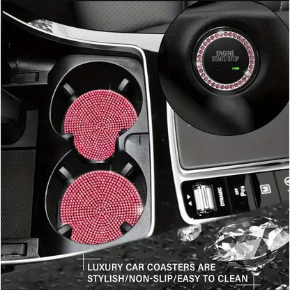 10pcs Sparkling Faux Diamond PU Leather Car Accessories Set Including Steering Wheel Cover, Center Console Armrest Pad