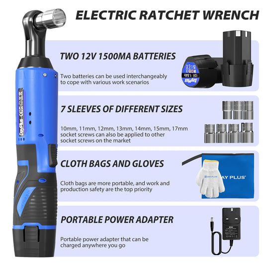 Electric Cordless Right Ratchet 3/8'' 90° Angle Wrench with LED Work Light +7pcs Sockets Set Power Ratchet Wrenches, 2 Battery