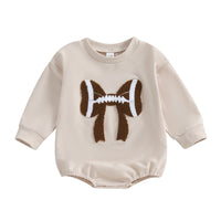 Infant Girl Football Print Long Sleeve Bubble Romper with Crew Neck and Bow Detail - Adorable Newborn Bodysuit for Game Day
