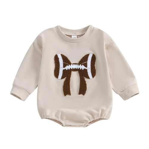 Infant Girl Football Print Long Sleeve Bubble Romper with Crew Neck and Bow Detail - Adorable Newborn Bodysuit for Game Day