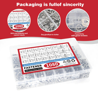 1080PCS Nuts and Bolts Assortment Kit - M3 M4 M5 M6 Screw Set - Button Head & Socket Head Metric Screws - 304 Stainless Steel