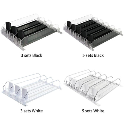 Drink Organizer Dispenser Spring Push Can Shelf Pusher Adjustable Width Soda Can Bottle Pusher E-shaped Glide for Kitchen Fridge