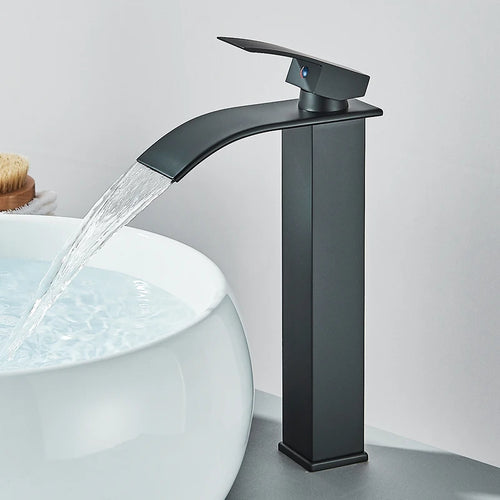 Matte Black Basin Faucet Deck Mounted Single Lever Bathroom Crane Waterfall Brass Bathroom Tap Hot Cold Water Mixer Taps