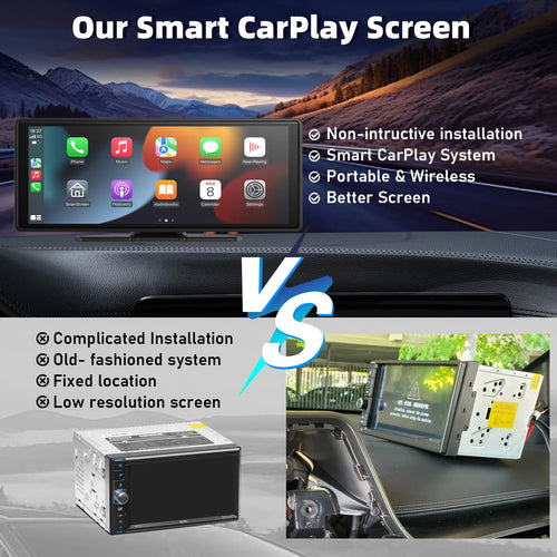 Portable Wireless Carplay Car Stereo, 10.26" inch HD Touchscreen for Car with CarPlay & Android Auto with Mirror Link/Backup Cam