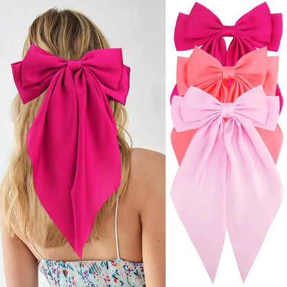 Hair Bows for Women Girls 3Pcs White Pink Black Silky Satin Large Bows Hair Clip Oversized Hair Ribbons Long Tail Big Hair Bows