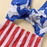 Youthful Girl s Patriotic  Swimsuit Sleeveless V Neck Cutout Beach Pool Swimwear Romper for 4th of July Celebrations