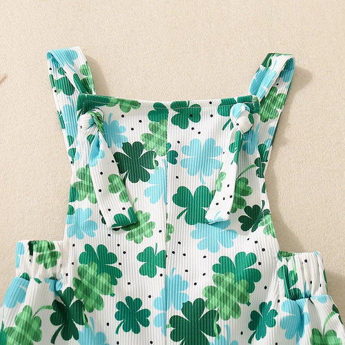 St Patrick s Day Toddler Girls Green Clover Print Sleeveless Flare Leg Jumpsuit Overalls Romper with Ruffles