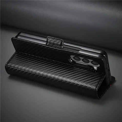 PU Carbon Fiber Leather Wallet Phone Case For Samsung Galaxy Z Fold 6 5 4 3 Magnetic Flip Book Holder Cover For Galaxy Z Fold6