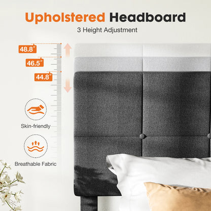 JHK Queen Bed Frame with Headboard No Box Spring Needed Linen Upholstered Wooden Platform Bed Frame with Wood Slats Support