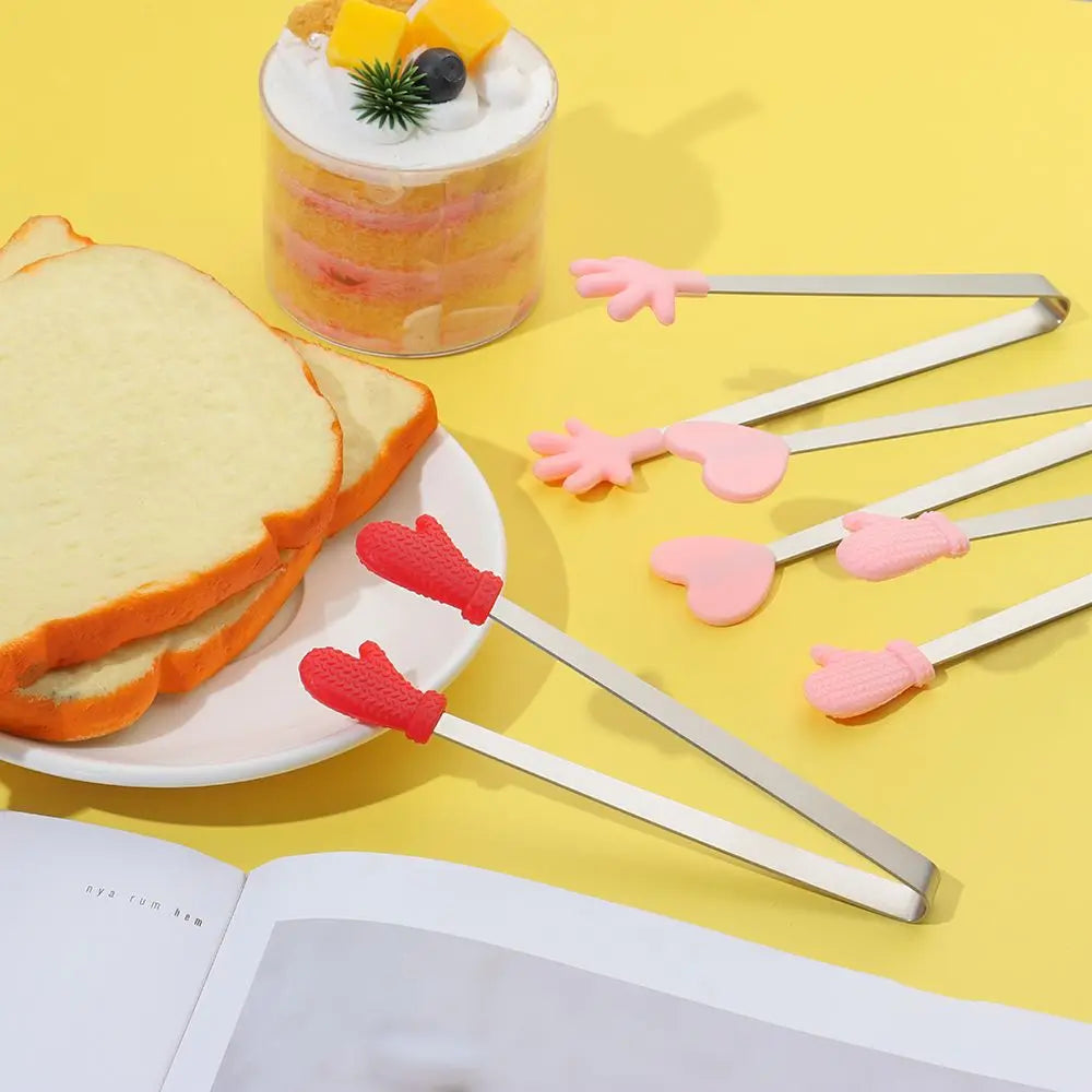 Creative Silicone Stainless Steel Mini Snack Food Tongs Non-slip Handles BBQ Bread Ice Cube Clip Kitchen Accessories BBQ