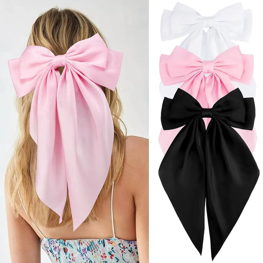 Hair Bows for Women Girls 3Pcs White Pink Black Silky Satin Large Bows Hair Clip Oversized Hair Ribbons Long Tail Big Hair Bows