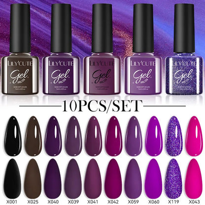 LILYCUTE 10PCS/Set Набір гель-лаків для нігтів Рожевий фіолетовий гель для нігтів Напівперманентний УФ світлодіодний лак Nail Art Design Soak Off Набір гелів для нігтів