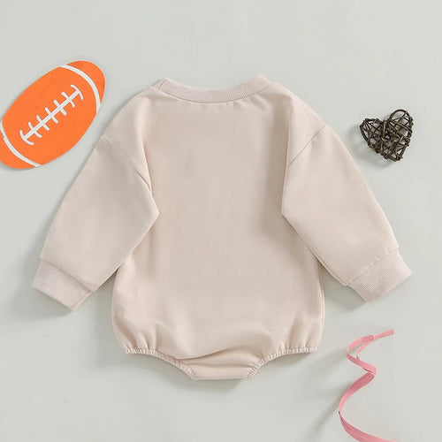 Infant Girl Football Print Long Sleeve Bubble Romper with Crew Neck and Bow Detail - Adorable Newborn Bodysuit for Game Day