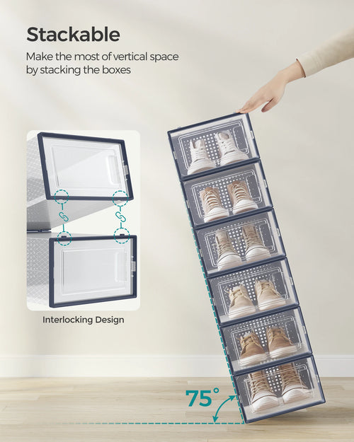 SONGMICS Shoe Boxes,Pack of 12 Shoe Storage Organizers,Stackable Clear Plastic Boxes for Closet,Sneakers,9.1 x 13.1 x 5.6 Inches