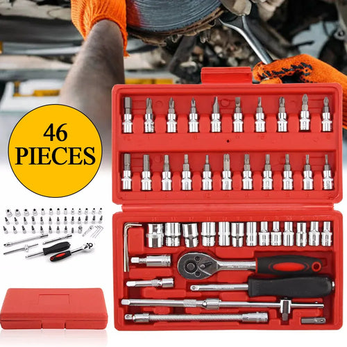 46pcs Metric Flexible Head Ratcheting Wrench Combination Wrench Set 1/4" Drive Hex Bit Socket Set Mechanic Tool Car Repair Tool