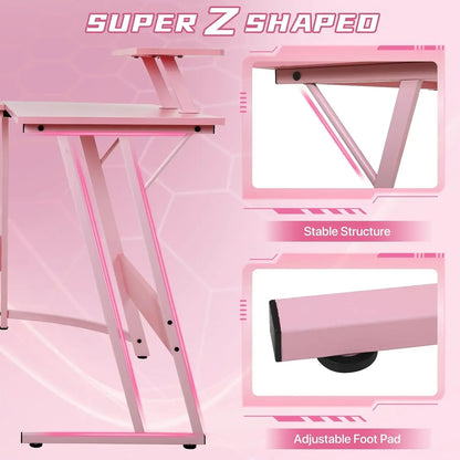 Table with Monitor Stand Corner Desk with MDF Board Surface, Home Office Desk for Girl Women Gift for Gaming Working Study