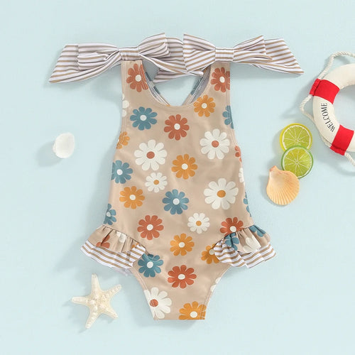 2024-01-17 Lioraitiin Toddler Baby Girl  Swimsuit Floral Romper Baby Beach Swimwear Swimming Ruffle Summer Bathing Suit Sunset