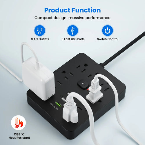 TRANSTON Power Outlet with Surge Protector, 9 power strip 3 USB Ports, 5ft Extension Cord, Quick Charge, For Homeand off