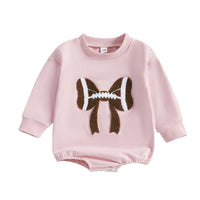 Infant Girl Football Print Long Sleeve Bubble Romper with Crew Neck and Bow Detail - Adorable Newborn Bodysuit for Game Day