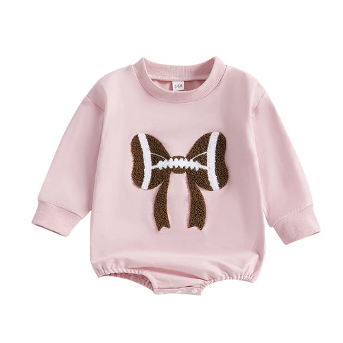 Infant Girl Football Print Long Sleeve Bubble Romper with Crew Neck and Bow Detail - Adorable Newborn Bodysuit for Game Day