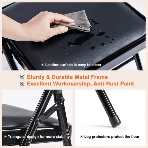 JHK Leather Padded Folding Living Room Chairs 2 Pack Sturdy Metal Foldable Chair Easy to Use and Storage Outdoor for Home Office