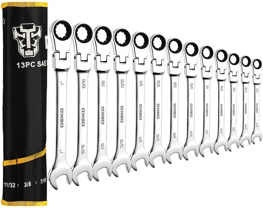 DEKO 13-piece Flex-Head Ratcheting Combination Wrench Set 5/16"-1" SAE 72-Tooth Cr-V Ratche Wrenches with Roll-up Pouch