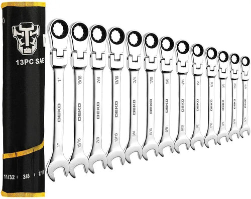 DEKO 13-piece Flex-Head Ratcheting Combination Wrench Set 5/16"-1" SAE 72-Tooth Cr-V Ratche Wrenches with Roll-up Pouch