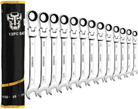 DEKO 13-piece Flex-Head Ratcheting Combination Wrench Set 5/16"-1" SAE 72-Tooth Cr-V Ratche Wrenches with Roll-up Pouch