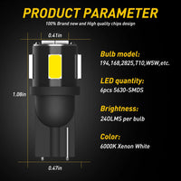 AUXITO 10X W5W T10 LED Bulb Ultra Bright White 194 168 LED Car Interior Lights Canbus Map Dome Door Glove Box Trunk Light 12V