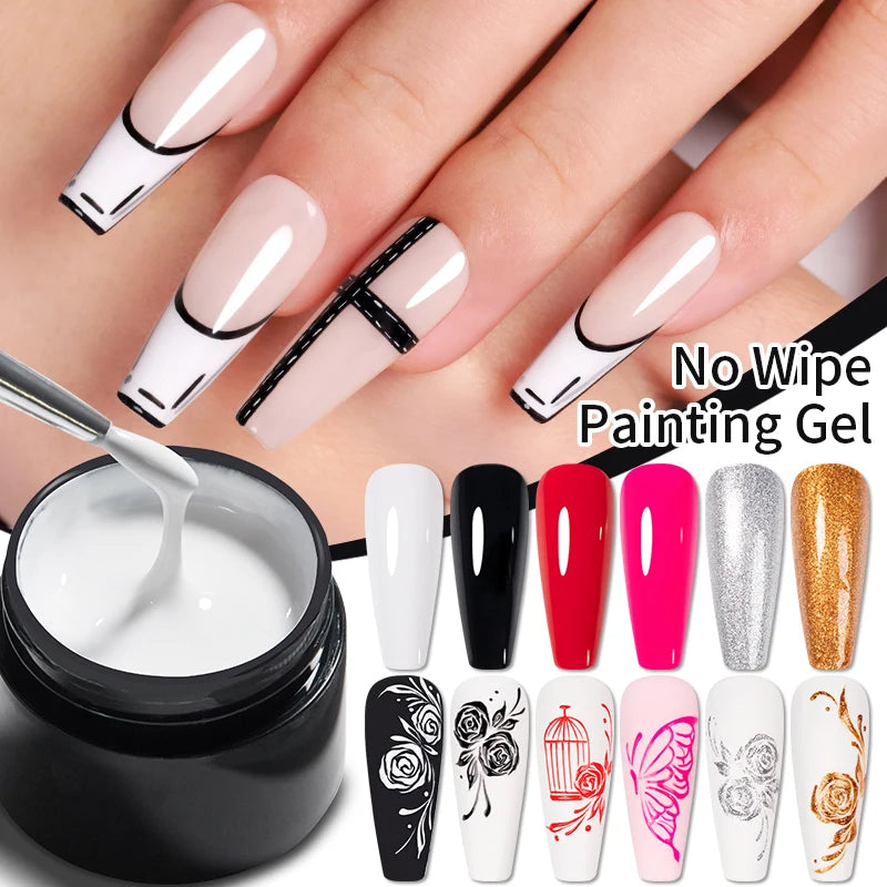 AWStorG 7Pcs/Set Not Flowing 4 In 1 Solid No Wipe Painting Gel Varnish Black White Color Painting Liner Nail Art Glitter UV Gel