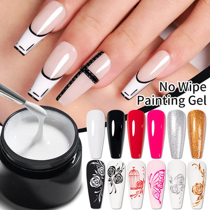 AWStorG 7Pcs/Set Not Flowing 4 In 1 Solid No Wipe Painting Gel Varnish Black White Color Painting Liner Nail Art Glitter UV Gel