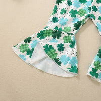 St Patrick s Day Toddler Girls Green Clover Print Sleeveless Flare Leg Jumpsuit Overalls Romper with Ruffles