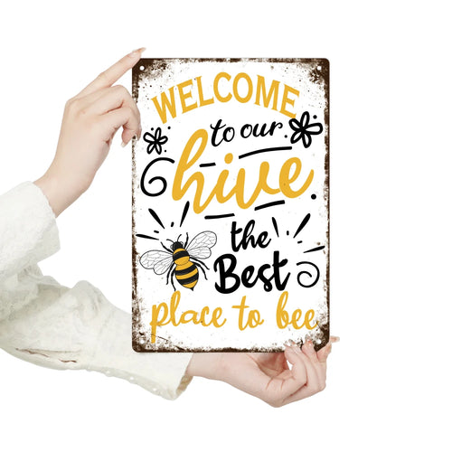 Putuo Decor Welcome Metal Signs, Tin Plaque Painting Retro Bee Decoration Plate Iron Wall Art Decor for Home Bedroom Farm