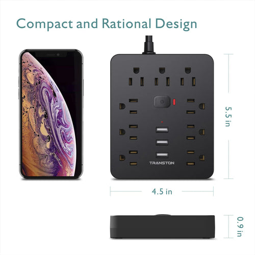 TRANSTON Power Outlet with Surge Protector, 9 power strip 3 USB Ports, 5ft Extension Cord, Quick Charge, For Homeand off