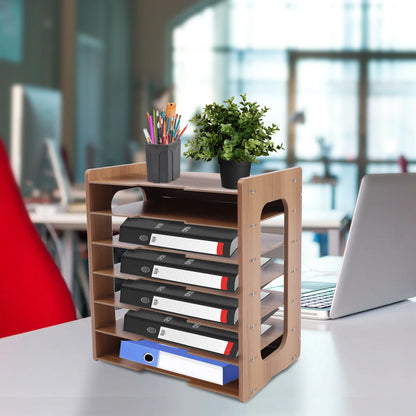 7-tier Widen Wood Paper Desktop Organizer File Holder Document Book Magazine Storage Shelf Rack for Home Office School Classroom