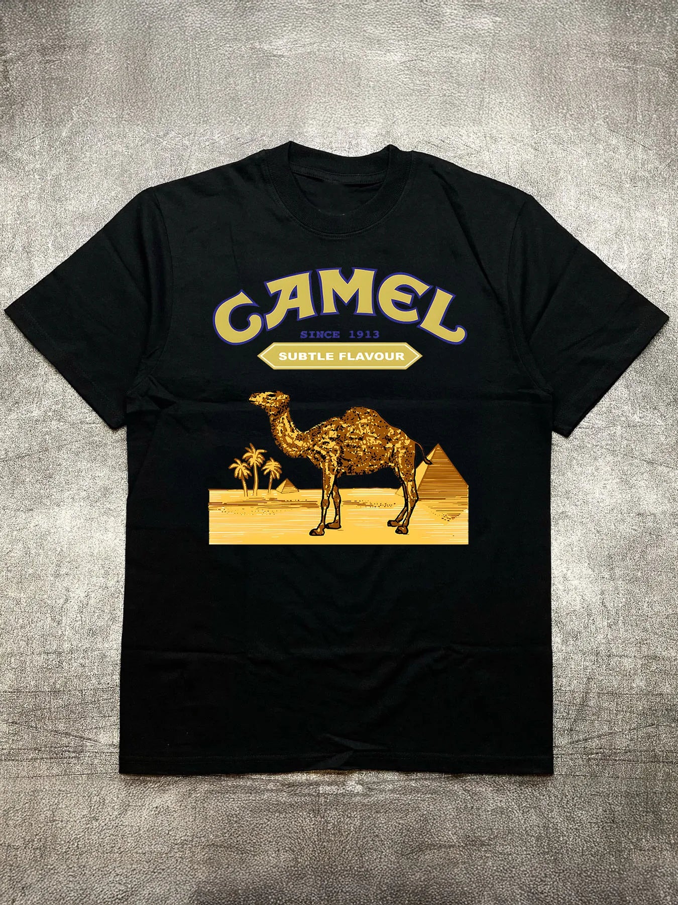 Men's Heat Transfer Print Cotton Round Neck Short Sleeve T-Shirt - Camel Desert Style Theme Design, Black 200g