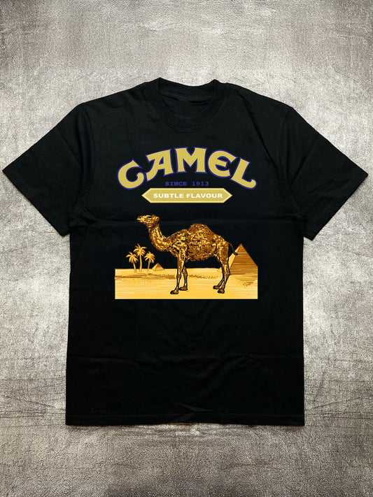 Men's Heat Transfer Print Cotton Round Neck Short Sleeve T-Shirt - Camel Desert Style Theme Design, Black 200g