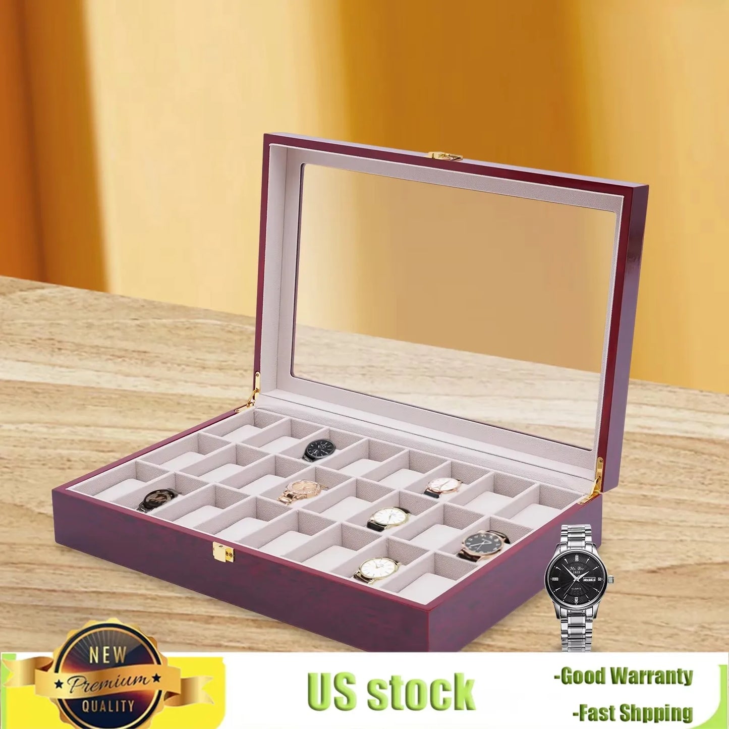 Bymaocar 24 Slots Vintage Wooden Watch Ring Box Bracelet Display Case Organizer with Glass Top and Locking Clasp for Men & Women