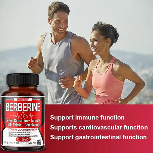 Berberine supplement alongside active couple outdoors supporting immune and cardiovascular health, with turmeric and cinnamon.