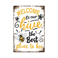Putuo Decor Welcome Metal Signs, Tin Plaque Painting Retro Bee Decoration Plate Iron Wall Art Decor for Home Bedroom Farm