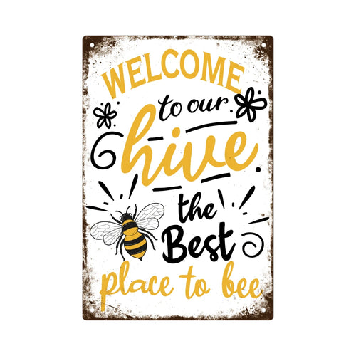 Putuo Decor Welcome Metal Signs, Tin Plaque Painting Retro Bee Decoration Plate Iron Wall Art Decor for Home Bedroom Farm