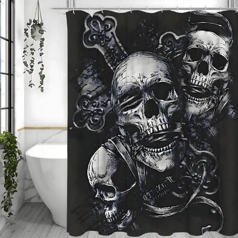 1pcs Gothic Three Skull Shower Curtain Set，12 Hooks,Options for Stylish Bathrooms