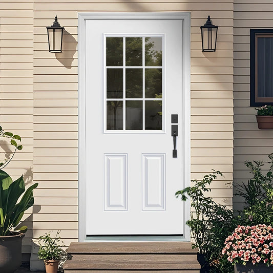 36"x80" White Fiberglass Entry Door with Brickmould, Left-Hand Inswing Low-E Glass Knock-Down Door