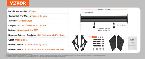 VEVOR GT Wing Car Spoiler 43.3 inch Universal Spoiler with Single Deck Adjustable Lightweight Aluminum Car Rear Spoiler Wing