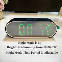 Rechargeable Digital Alarm Clock TEMP Date Week 2 Alarms Night Mode Snooze 12/24H Anti-disturb Voice Control LED Mirror Clock