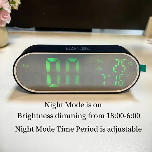Rechargeable Digital Alarm Clock TEMP Date Week 2 Alarms Night Mode Snooze 12/24H Anti-disturb Voice Control LED Mirror Clock