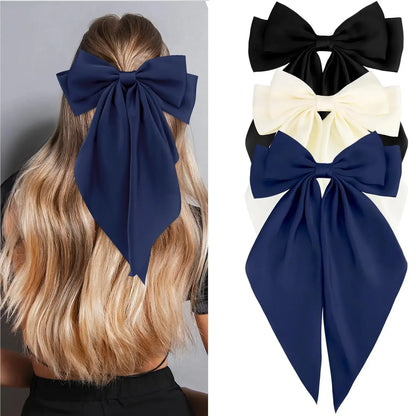 Hair Bows for Women Girls 3Pcs White Pink Black Silky Satin Large Bows Hair Clip Oversized Hair Ribbons Long Tail Big Hair Bows