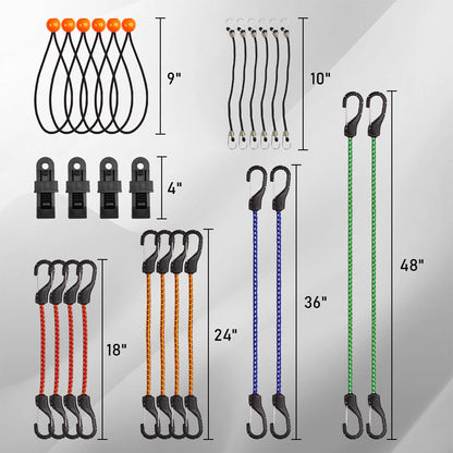 28pcs/32pcs/129pcs Bungee Cords Assortment Jar Includes Multiple lengths of Bungee Cord With Hooks,Trap Ball Ties And Tarp Clips